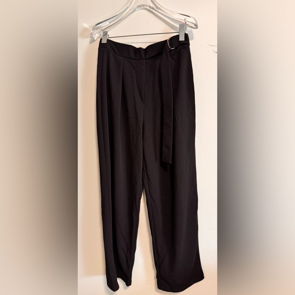 Black Wide Leg Pants Womens High Waisted Belted Trousers Gold Buckle Workwear - Picture 3 of 10